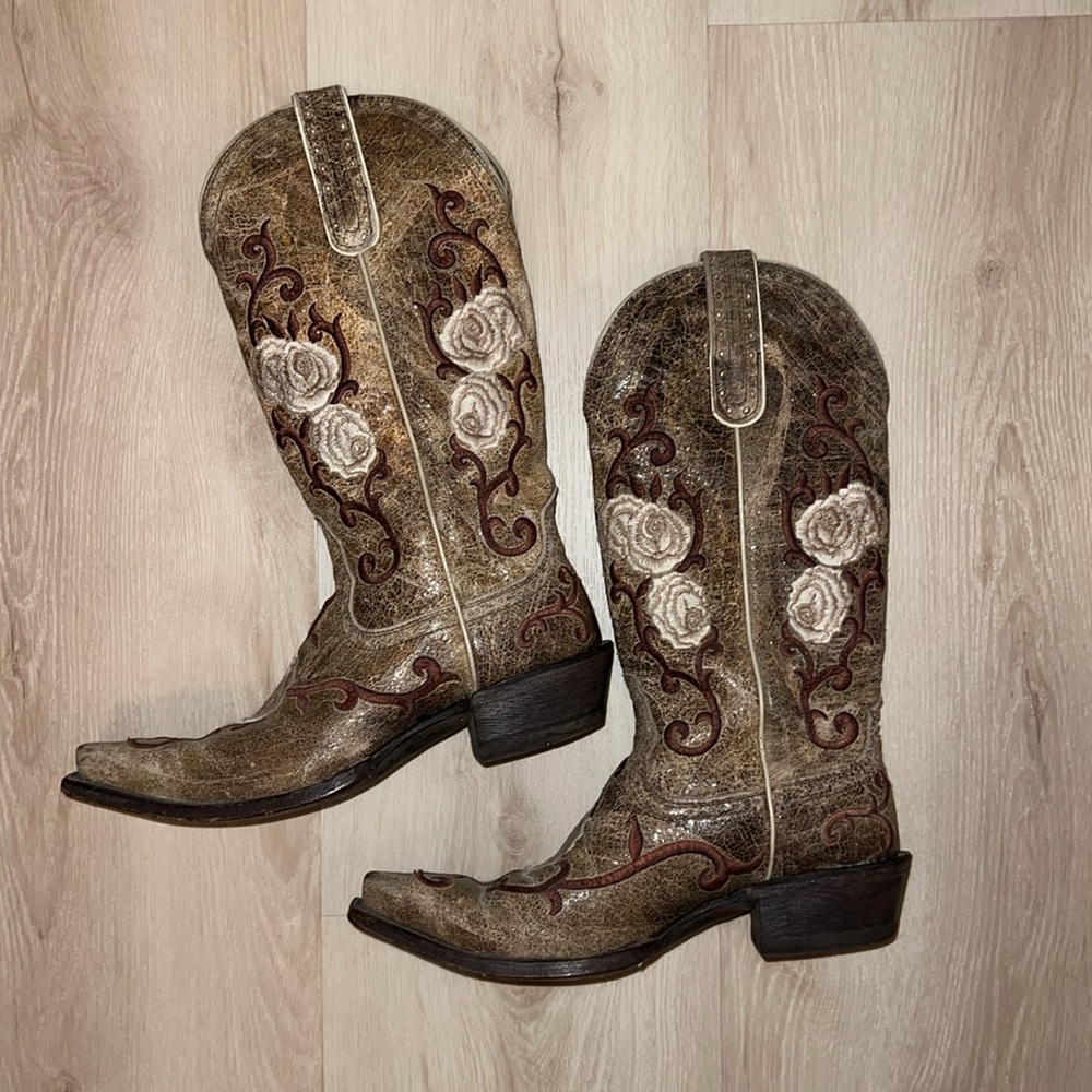 Ariat Tan and Brown Heeled Boots with Floral Embroidery